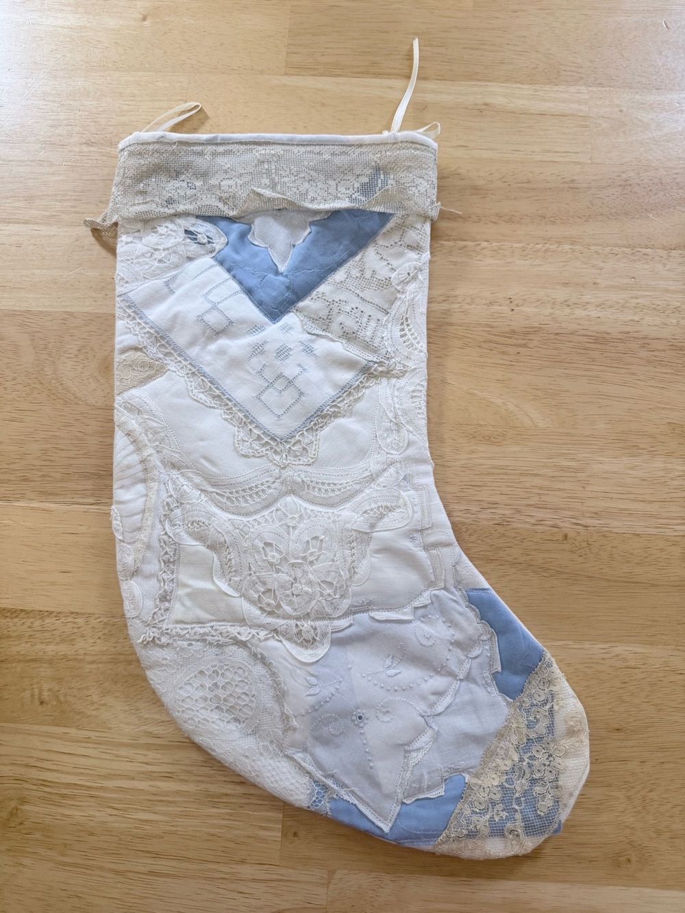 Vintage Antique Handmade Linens & Lace Quilted Stocking Cream & Blue Christmas